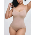 Beige sheer one-piece bodysuit with thin straps in black plus size women tummy control style seamless and form-fitting design