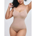 Beige sheer one-piece bodycon shapewear with ribbed texture and thin straps designed for black plus size women tummy control