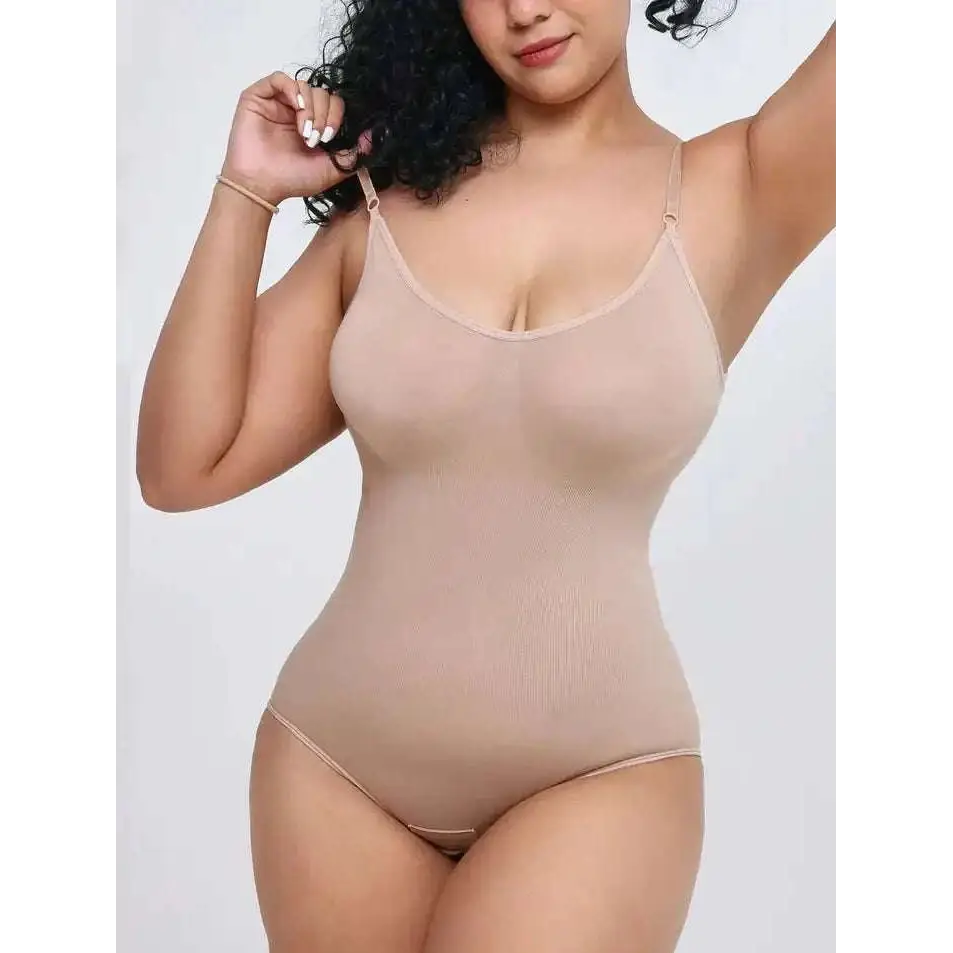 Beige sheer one-piece bodycon shapewear with ribbed texture and thin straps designed for black plus size women tummy control