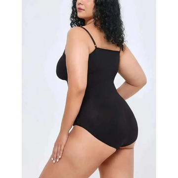 Black plus size women tummy control bodycon one-piece swimsuit with thin spaghetti straps for size women tummy shaping