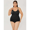 Black plus size women tummy control swimsuit in smooth black fabric with thin straps and form-fitting design
