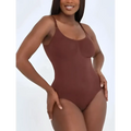 Black plus size women tummy control swimsuit featuring a smooth brown one-piece bodysuit with thin spaghetti straps