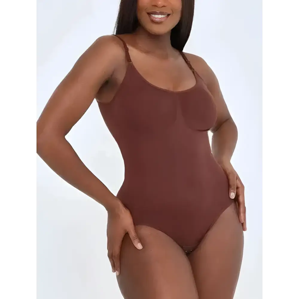 Black plus size women tummy control swimsuit featuring a smooth brown one-piece bodysuit with thin spaghetti straps