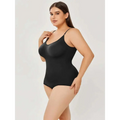 Black plus size women tummy control one-piece swimsuit with thin spaghetti straps and form-fitting design