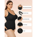Black plus size women tummy control one-piece bodysuit with adjustable straps and thong design front view