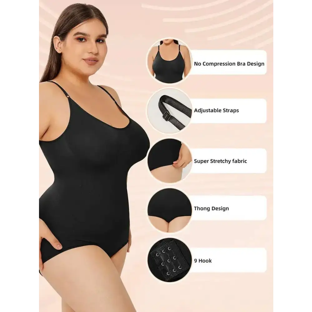 Black plus size women tummy control one-piece bodysuit with adjustable straps and thong design front view