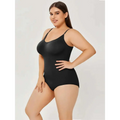 Black plus size women tummy control swimsuit with thin spaghetti straps and smooth form-fitting fabric