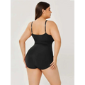 Black plus size women tummy control swimsuit with thin straps and smooth form fitting shapewear bodysuit design