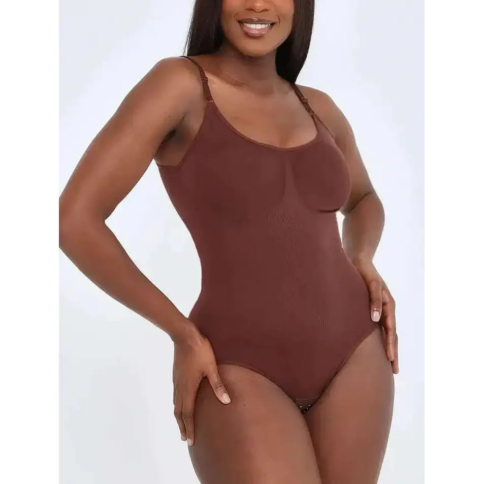 A sleek rust-colored one-piece seamless bodysuit with thin straps for black plus size women tummy control