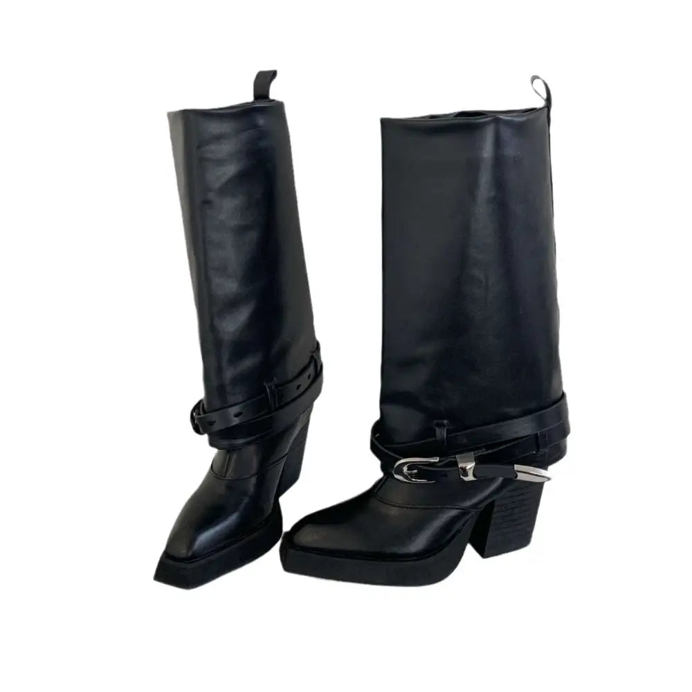 Black leather chunky heel knight boots with square toe and silver buckle strap detail in knee-high design