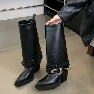 Black leather chunky heel knight boots with square toe and silver buckle strap detail in knee-high design