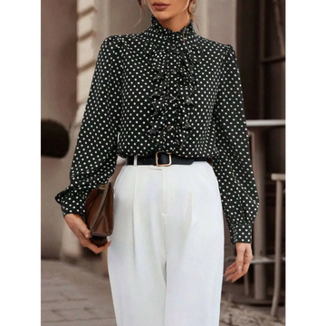Black polka dot ruffled long sleeve shirt made of lightweight fabric featuring a ruffled front design