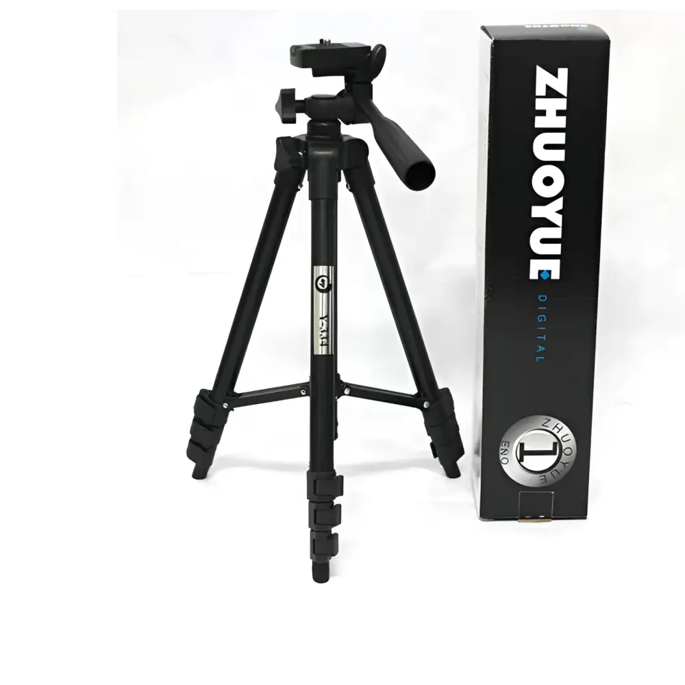 Black portable tripod universal digital camera bracket with adjustable legs and handle on the head for stability