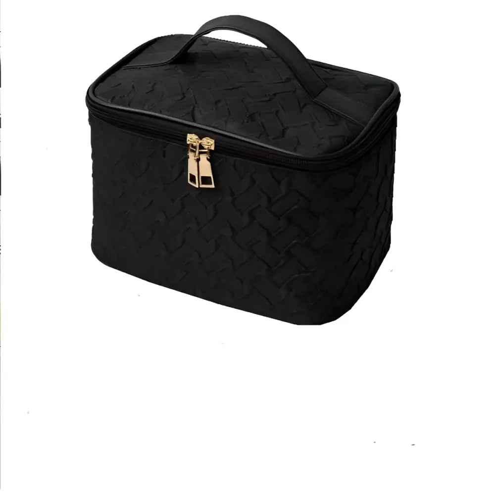 Black premium large capacity cosmetic bag with woven texture gold-tone zipper and interior compartments for makeup brushes
