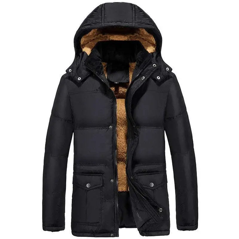 Black puffer velvet padded jacket with tan faux fur hood lining and silver buttoned front pockets for warmth and style