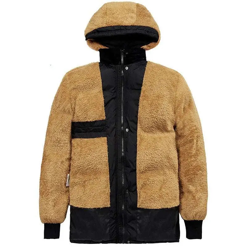 Black puffer velvet padded jacket with front zipper closure and tan faux fur lined hood for winter wear