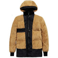 Tan and black shearling-lined hooded black puffer velvet padded jacket with quilted front panel and tan faux fur hood