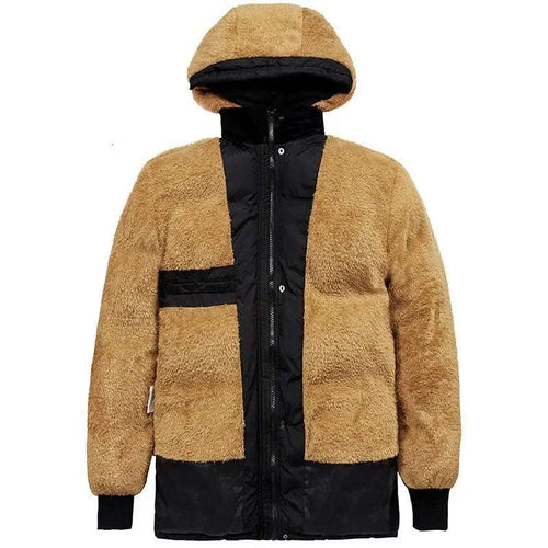 Tan and black shearling-lined hooded black puffer velvet padded jacket with quilted front panel and tan faux fur hood