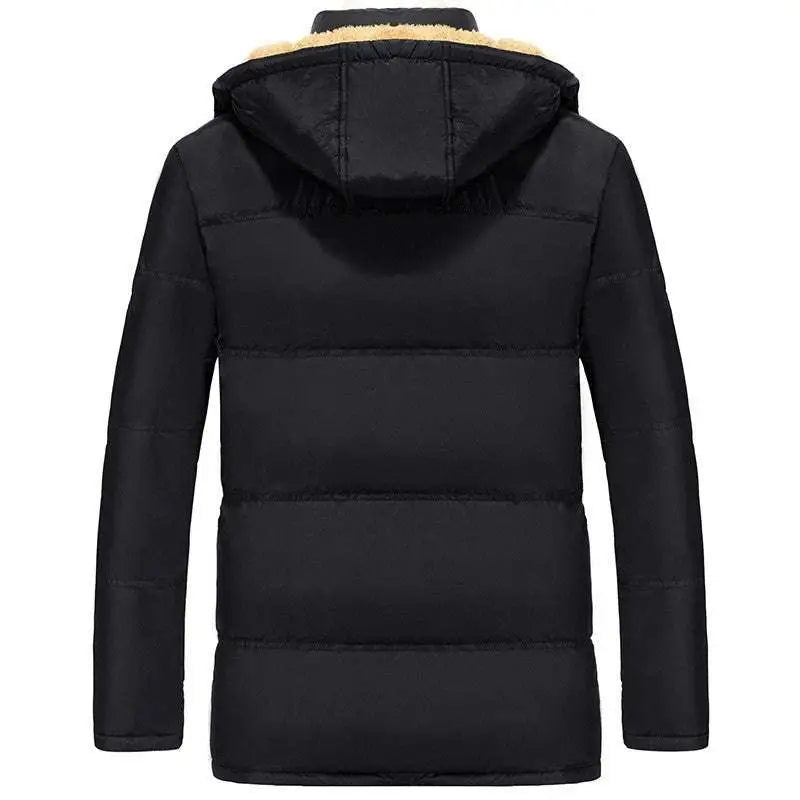 Black puffer velvet padded jacket with quilted design and hood lined in tan faux fur fleece for warmth