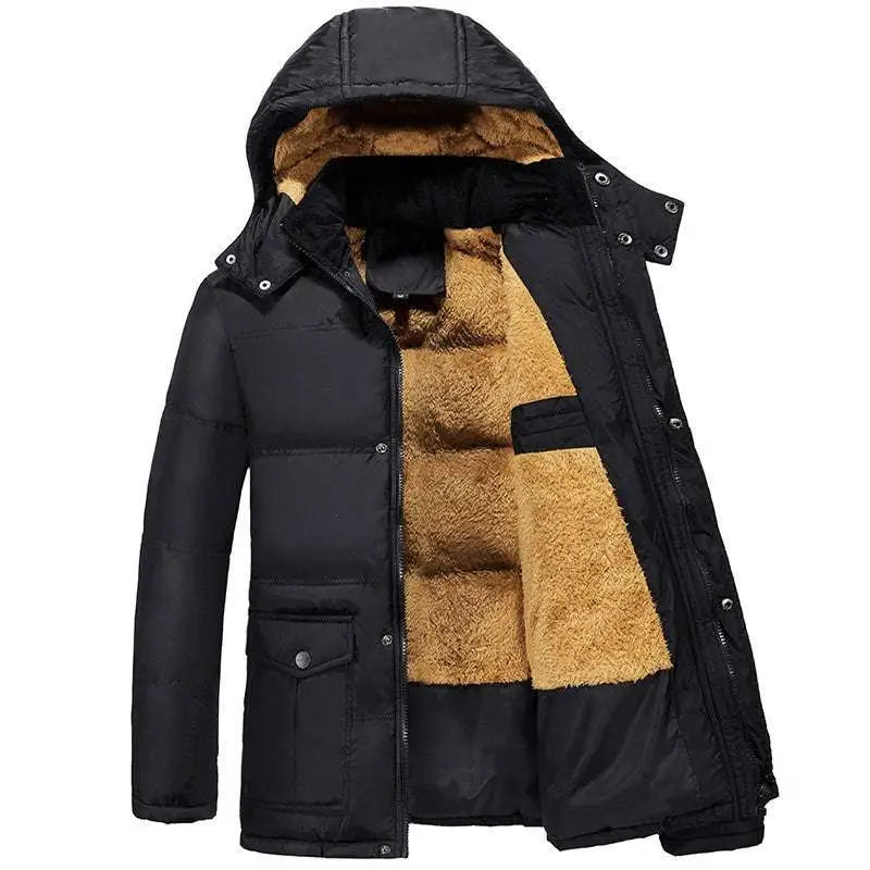Black puffer velvet padded jacket with front zipper closure and tan faux fur lined hood for winter wear