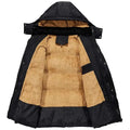 Black puffer velvet padded jacket with tan faux fur plush lining and matching hood for warm winter wear