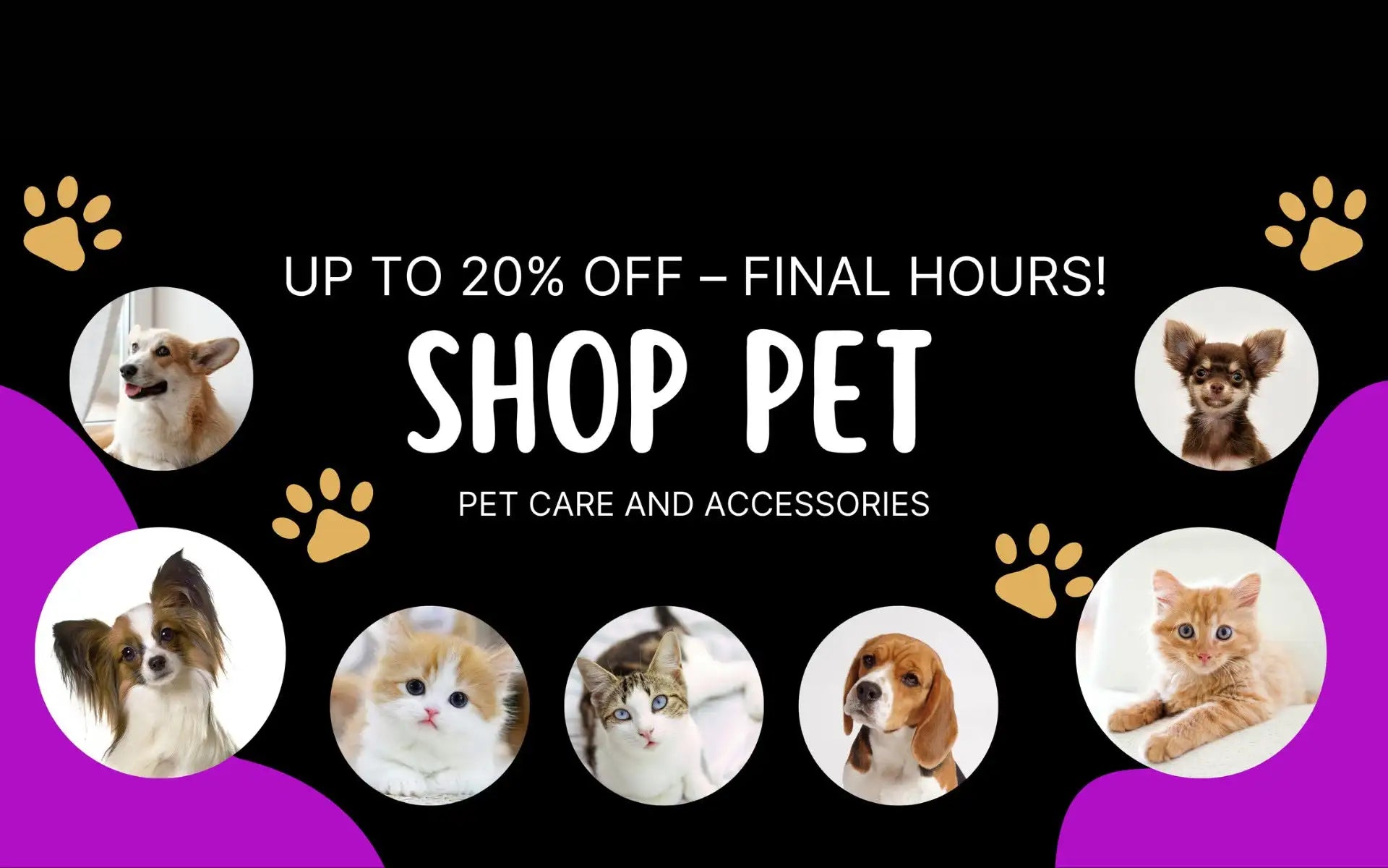 Black and purple promotional banner featuring circular images of various dogs and cats with gold paw prints.