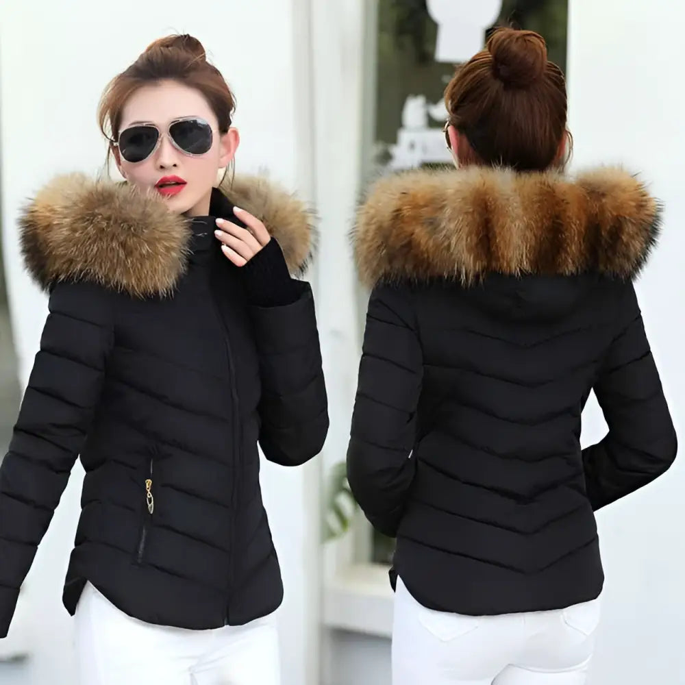 Black quilted parka jacket winter womens with plush brown fur-lined hood for cold weather protection