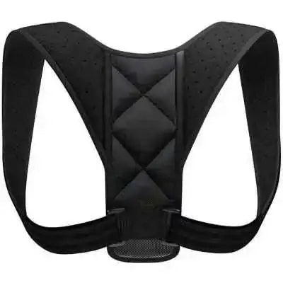 Black quilted posture corrector with adjustable straps and central buckle shown from the back side suitable for improving posture while wearing high waist tie dye and seamless leggings.