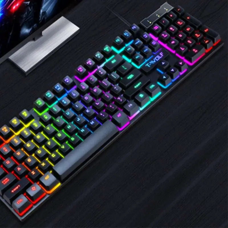 Black t-wolf gaming keyboard with vibrant rainbow backlighting a luminous wired keyboard for gaming usb use