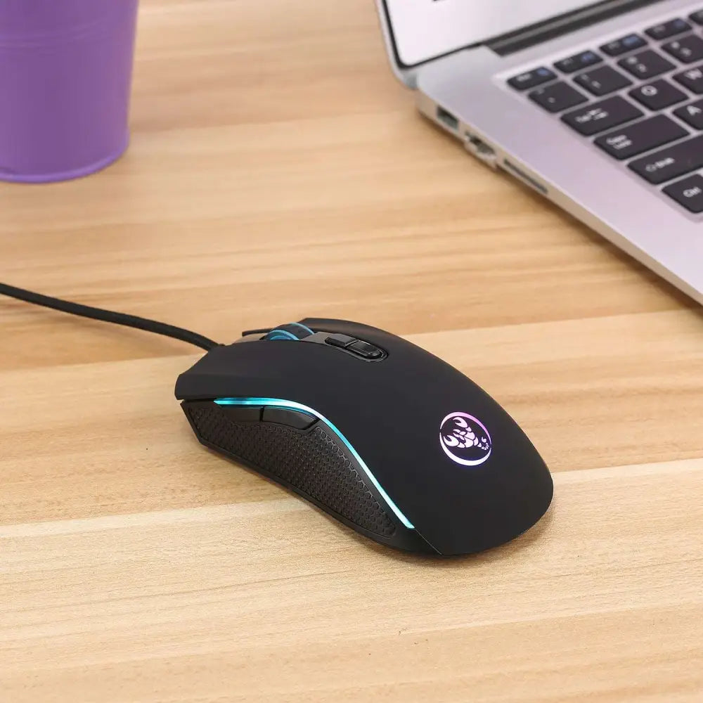 Black t-wolf gaming mouse with blue led lighting and glowing scorpion logo for gaming usb luminous setup