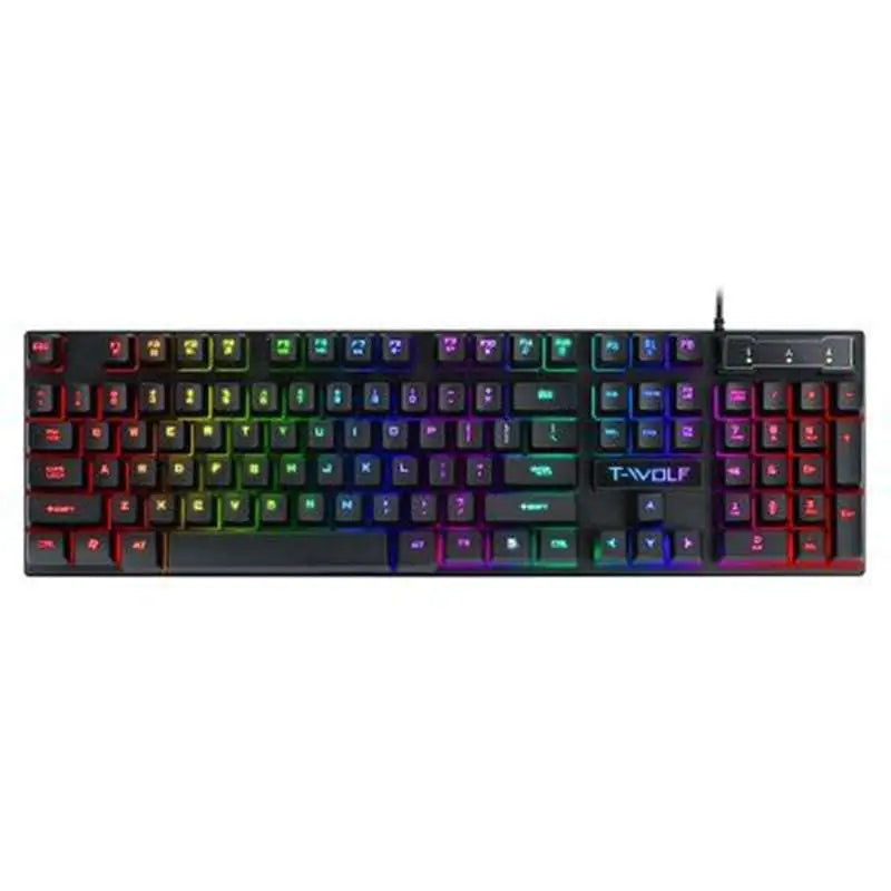 Black t-wolf gaming usb luminous keyboard with vibrant rainbow backlighting and luminous wired keyboard design