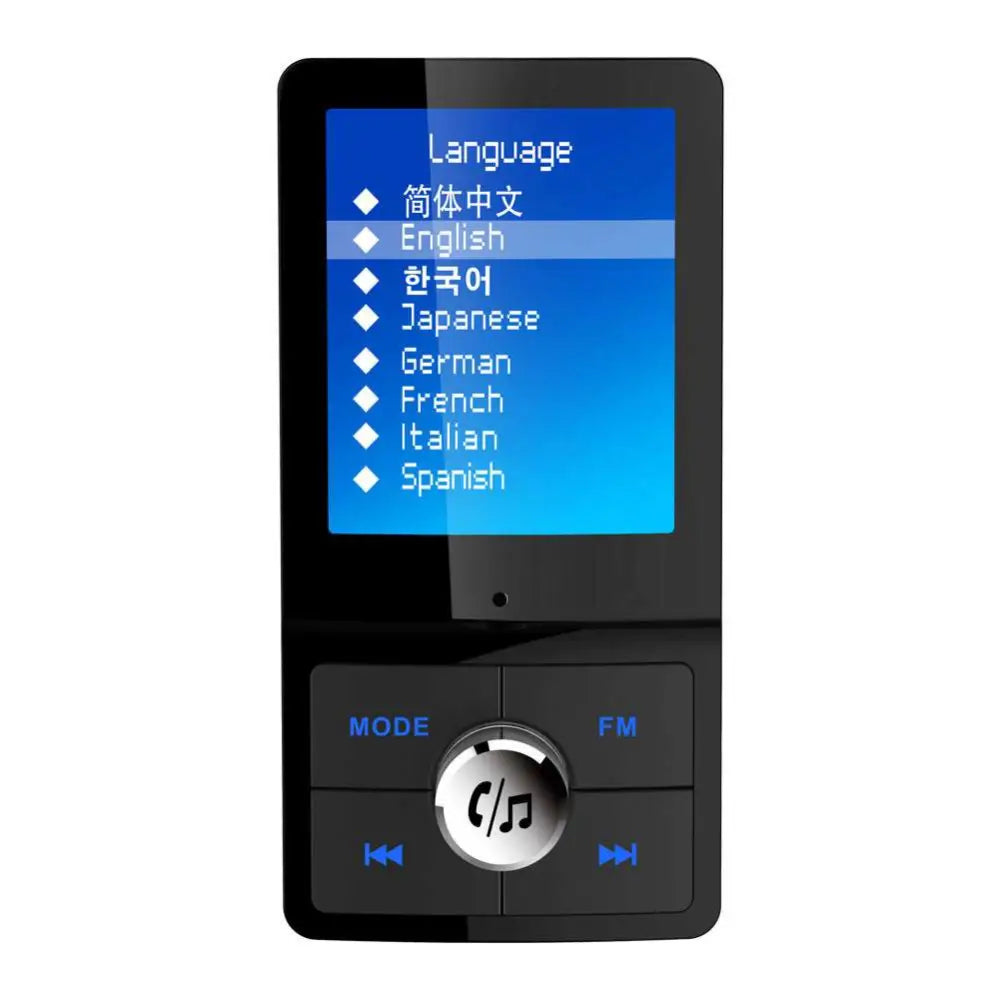 Black rectangular mp3 car speakerphone with touchscreen display blue screen and silver circular control button