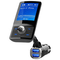 Black rectangular mp3 car speakerphone with touchscreen display and dual usb ports for device charging and bluetooth connectivity