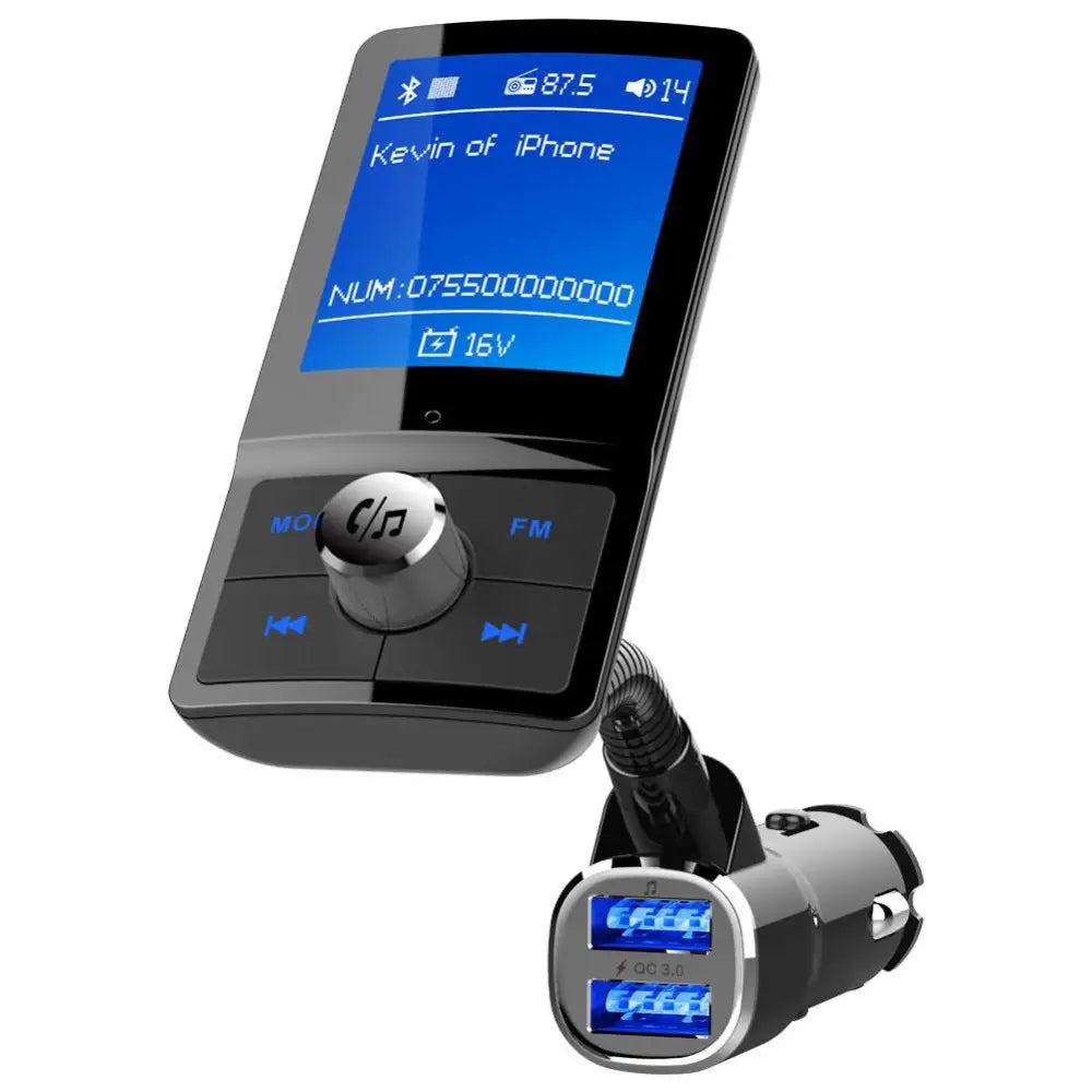 Black rectangular mp3 car speakerphone with touchscreen display and dual usb ports for device charging and bluetooth connectivity