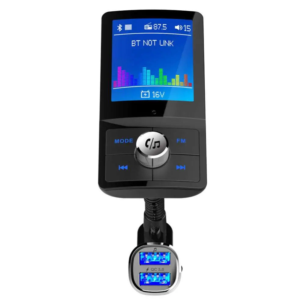 Black rectangular mp3 car speakerphone with touchscreen display dual usb ports and flexible connector for vehicle mounting