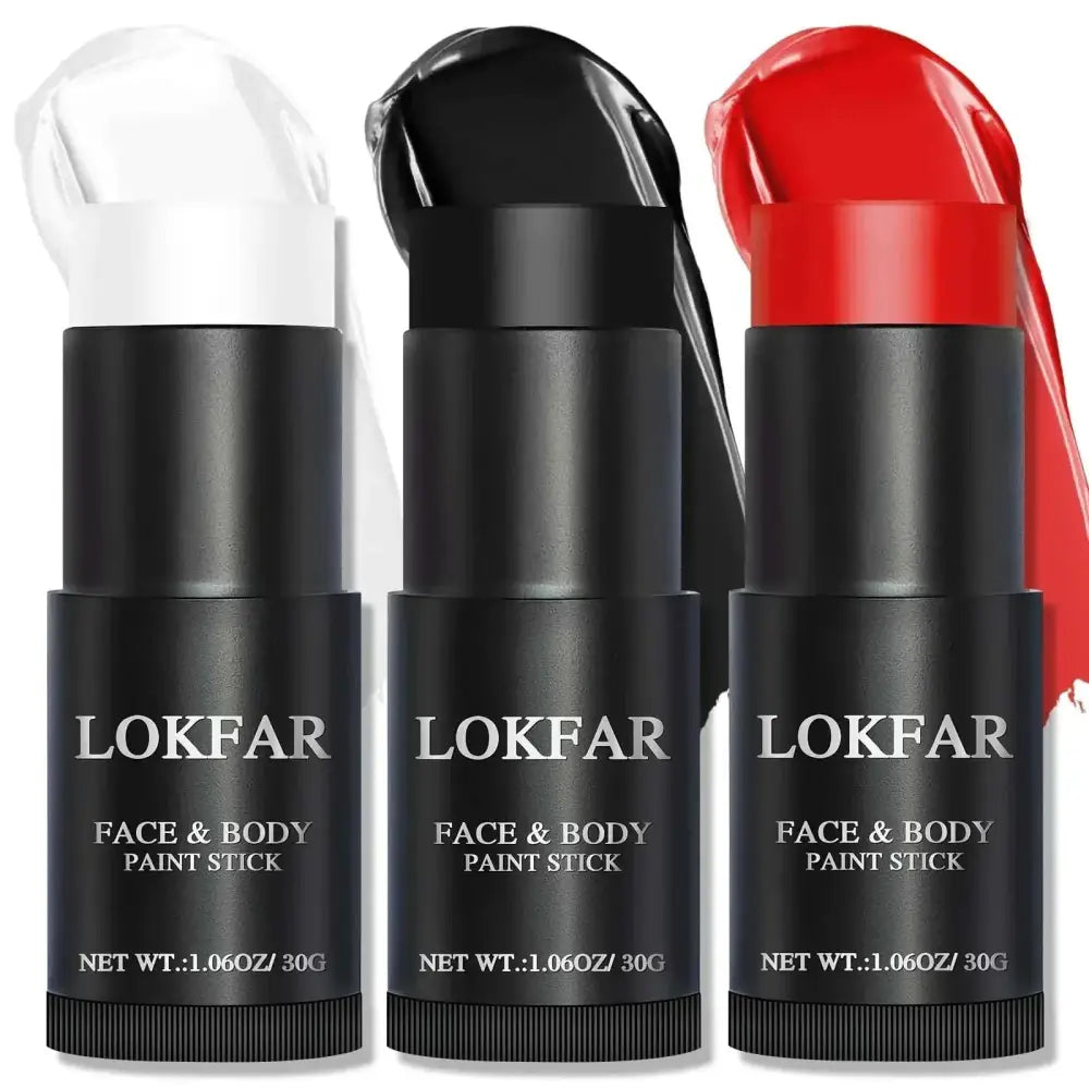Three lokfar face paint sticks in black red and white for face body paint with sleek black cylindrical bodies