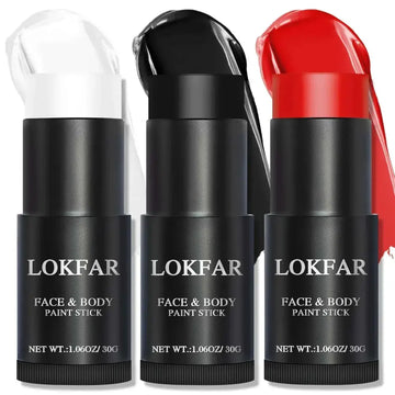 Three lokfar face paint sticks in black red and white with sleek black bodies for halloween makeup and face body paint