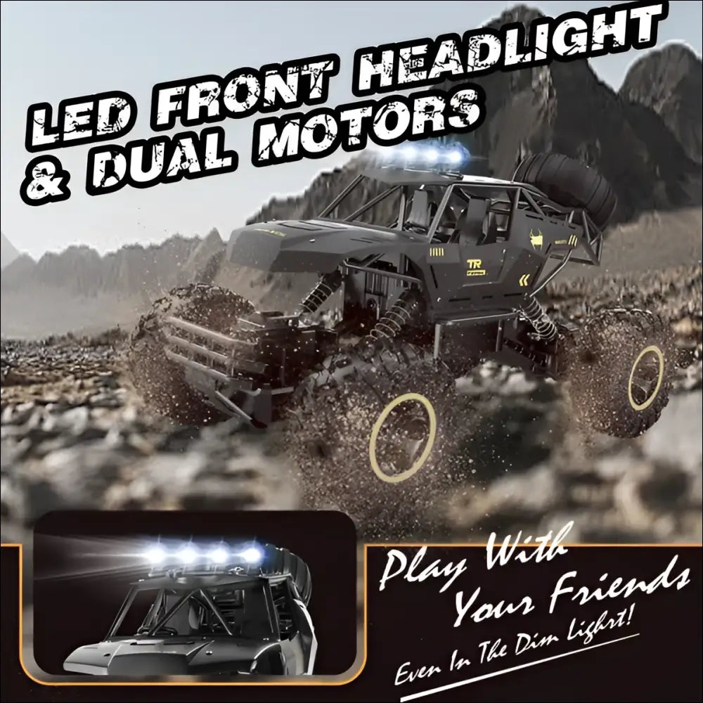Black remote control rock crawler truck with led headlights dual motors and rechargeable batteries for off-road use