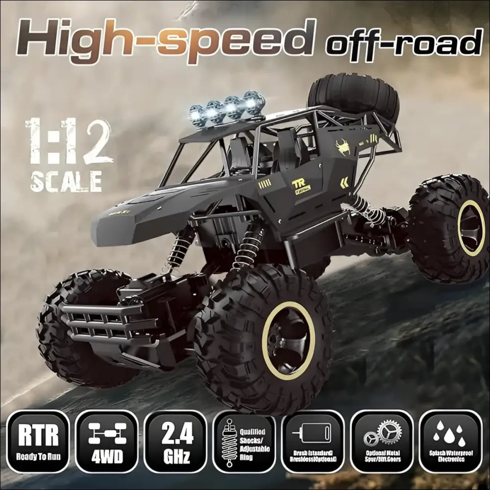 Black remote control rock crawler truck with large rugged tires and detailed chassis featuring rechargeable batteries