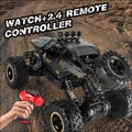 Black remote control rock crawler truck with gold accents rugged tires and rechargeable batteries for off-road use