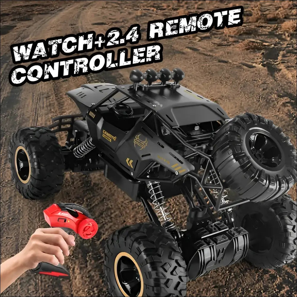 Black remote control rock crawler truck with gold accents rugged tires and rechargeable batteries for off-road use