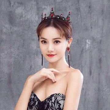 Black retro circle crown bridal headdress with ornate rose design featuring red and clear rhinestones