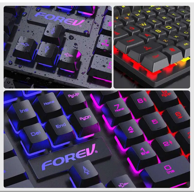 Black rgb four piece keyboard mouse headset bundle featuring a black gaming keyboard with rgb backlighting and textured keycaps