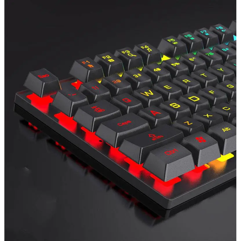 Black mechanical keyboard with red and yellow rgb backlighting in a black rgb four piece keyboard mouse headset bundle