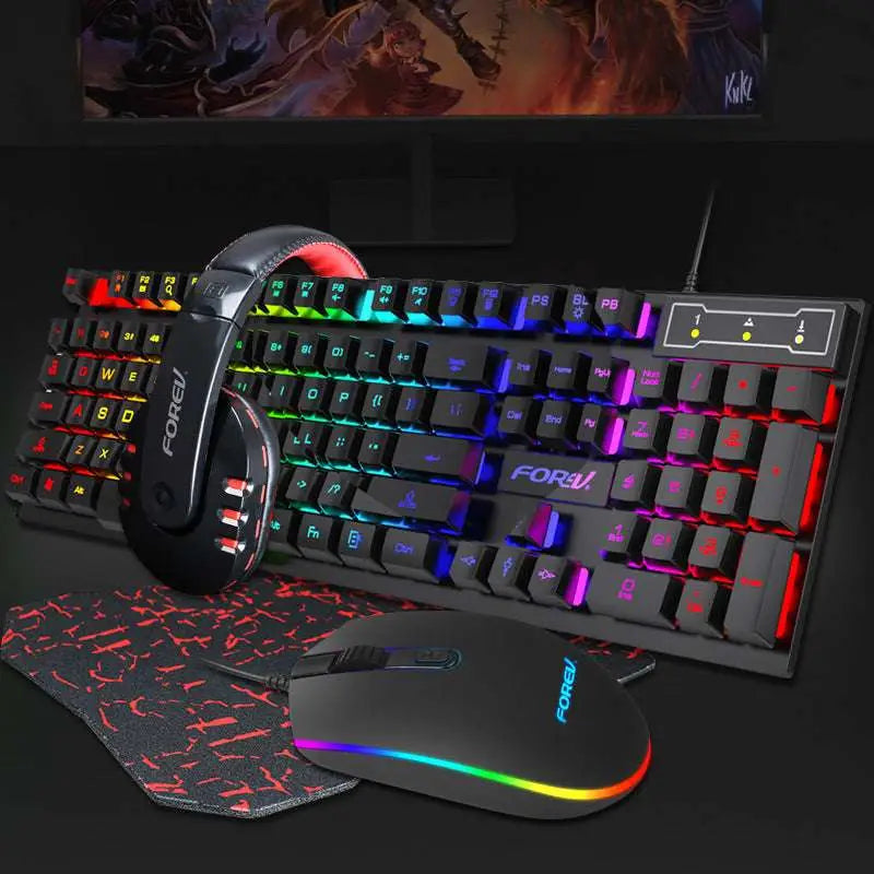 Black forev rgb four piece keyboard mouse headset bundle featuring a gaming keyboard with rainbow rgb backlighting and red accents