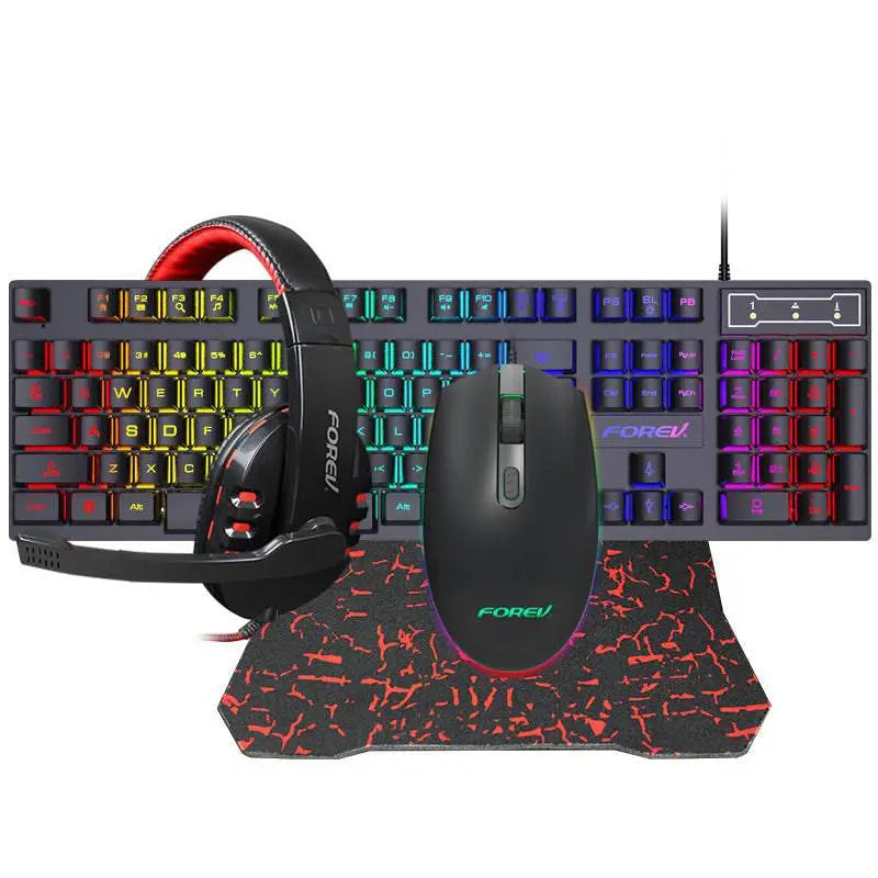 Black gaming headset with red interior padding and foreu branding in rgb four piece keyboard mouse headset bundle
