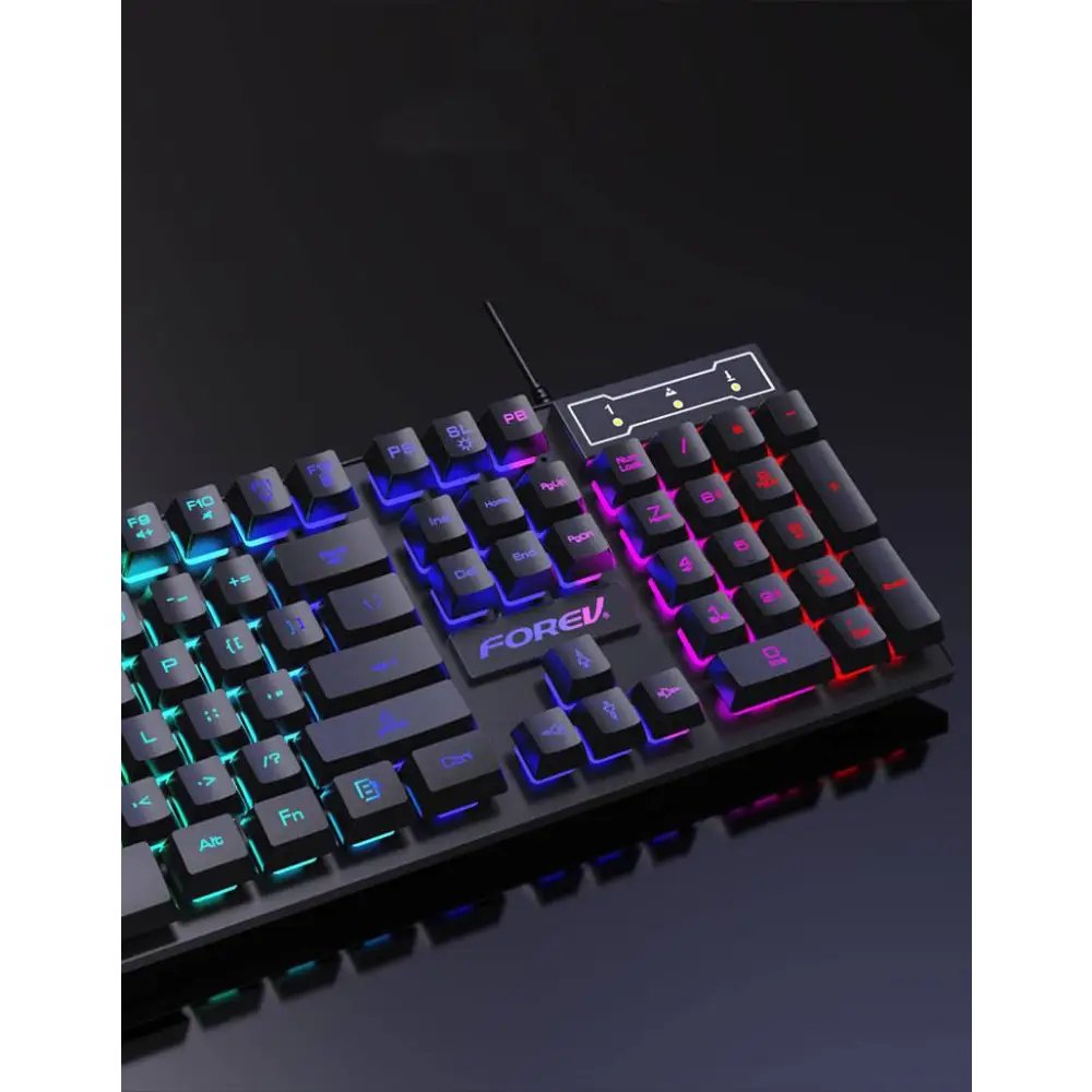 Black forev rgb four piece keyboard mouse headset bundle with rainbow rgb backlighting and red edge accents