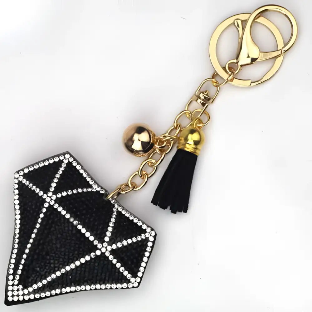 Black diamond-shaped bag pendant with sparkling rhinestones and gold-toned chain tassel and bell creative tassel accessory