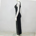 Black rhinestone elegant slim bandage evening dress with sleeveless fitted bodice and silver floral embroidery