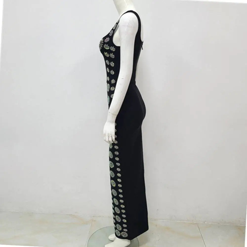 Black rhinestone elegant slim bandage evening dress with sleeveless fitted bodice and silver floral embroidery